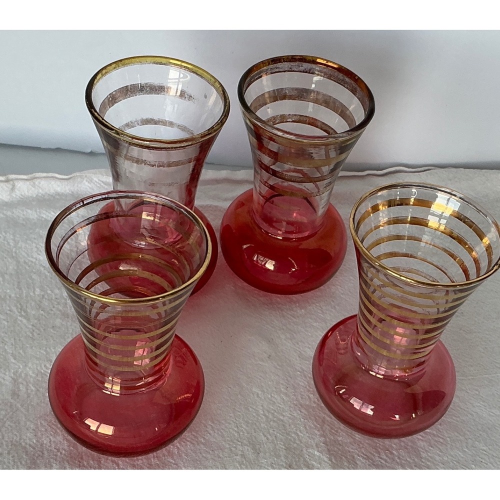 Bartlett Collings Vintage Bud Vase Set 4 Cranberry Pink Gold Stripe Glass 4" MCM